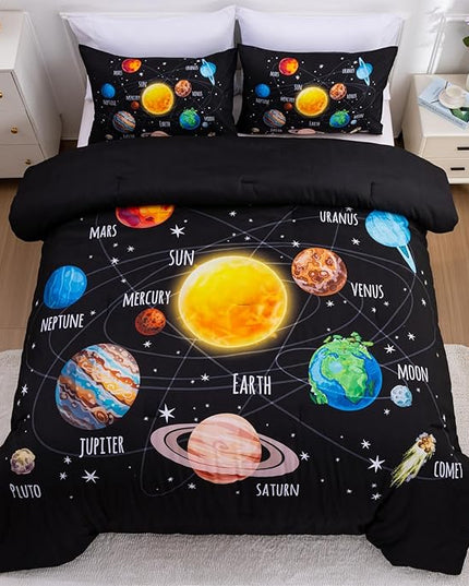 Aimuan Space Comforter Twin Set Kids Rocket Bedding Set Super Soft & Cute Aliens UFO Printed for Boys Girls Teen (Black 1, Twin) - LeafyLoom