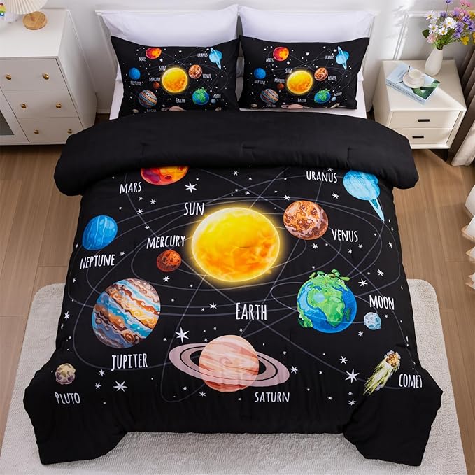 Aimuan Space Comforter Twin Set Kids Rocket Bedding Set Super Soft & Cute Aliens UFO Printed for Boys Girls Teen (Black 1, Twin) - LeafyLoom