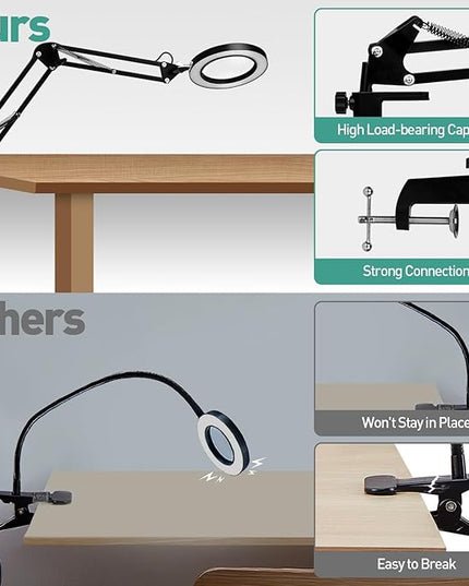 10X Magnifying Glass with Light, KUVRS 1,800 Lumen 3 Color Stepless Dimming, 4.2 Inch Real Glass Lens LED Lighted Magnifier, Adjustable Swing Arm with Clamp Desk Lamp for Craft Repair Crochet Puzzles - LeafyLoom