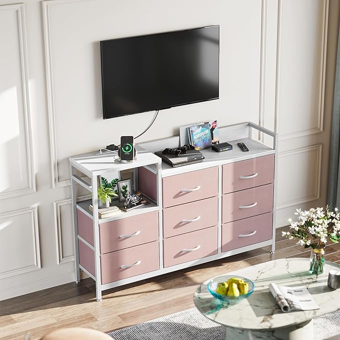 ODK Dresser with Charging Station, 52-Inch Long Dresser TV Stand for Bedroom, Large Dresser with 8 Storage Drawers, Chest of Drawers Easy-Pull Fabric Dressers for Living Room, White and Pink - LeafyLoom