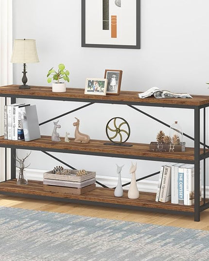 IBF Low Rustic 3 Tier Bookshelf, Industrial Horizontal Wood Bookcase, Farmhouse Long Wide Open Metal Etagere, Modern Large Vintage Book Shelf for Home Office Bedroom Living Room, Rustic Brown, 63 Inch - LeafyLoom