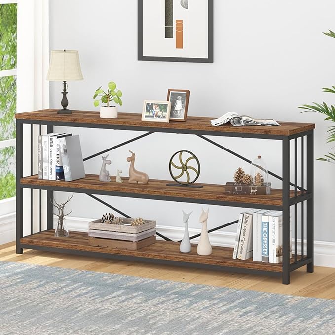 IBF Low Rustic 3 Tier Bookshelf, Industrial Horizontal Wood Bookcase, Farmhouse Long Wide Open Metal Etagere, Modern Large Vintage Book Shelf for Home Office Bedroom Living Room, Rustic Brown, 63 Inch - LeafyLoom