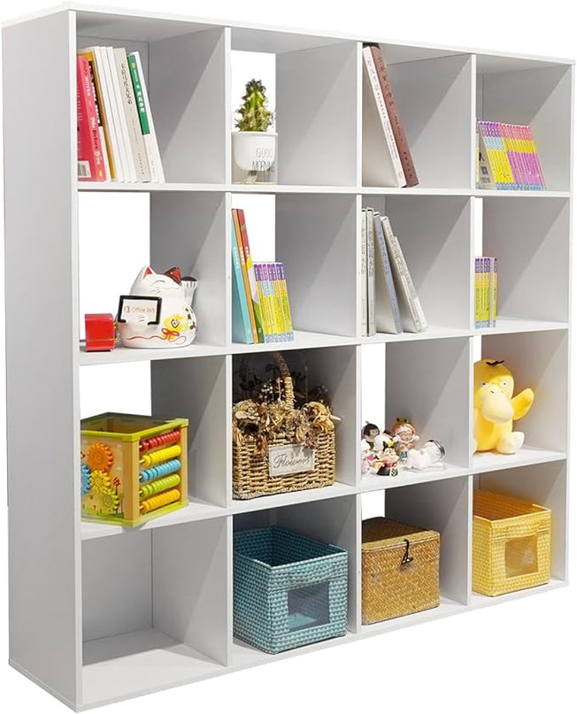 PACHIRA E-Commerce US Toy Storage Shelf, 16-Cube White Wooden Storage Organizer Bookcase Fits 11“x11”x11“ Storage Bin, Bookshelf System Display Compartments, Sturdy Room Cube - LeafyLoom
