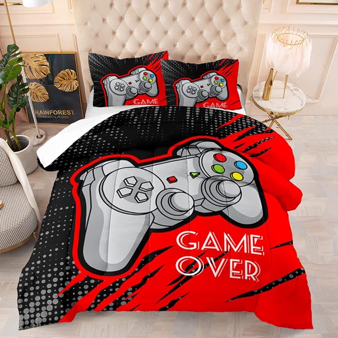 Boys Gaming Comforter Set Twin Size Gamer Bedding Sets for Kids Teens 3D Printing Black Red Video Game Soft Quilt with Pillowcase - LeafyLoom