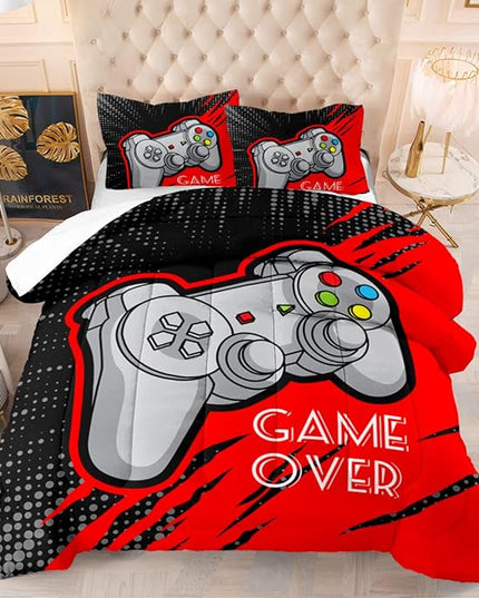 Boys Gaming Comforter Set Twin Size Gamer Bedding Sets for Kids Teens 3D Printing Black Red Video Game Soft Quilt with Pillowcase - LeafyLoom