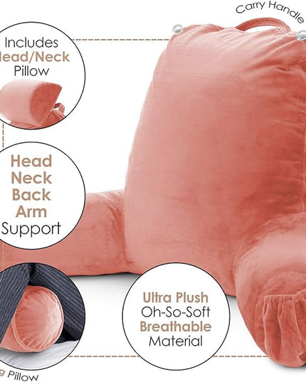 Clara Clark Reading Pillow, Large Back Pillow for Sitting Up in Bed, Memory Foam Back Support Pillow, Reading Pillows for Sitting in Bed Adult, Misty Rose Sit Up Pillow for Bed with Arms and Pockets - LeafyLoom