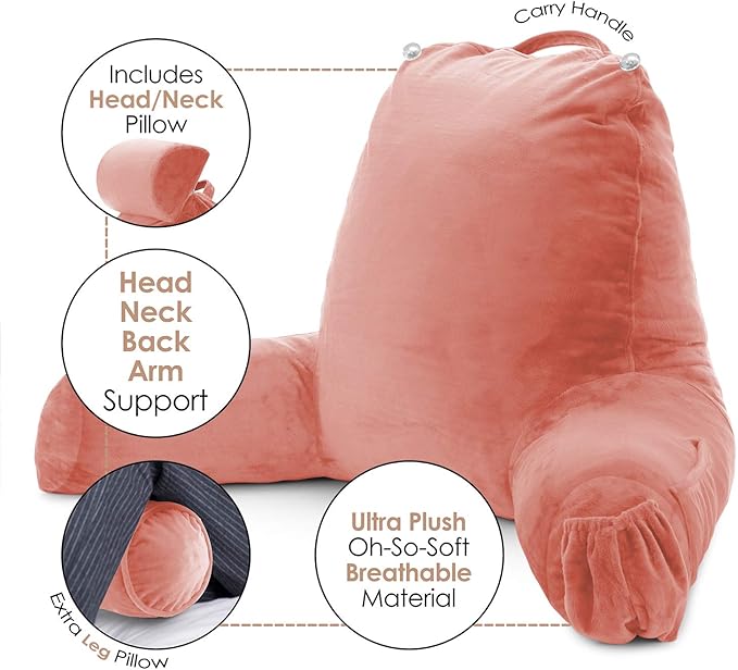 Clara Clark Reading Pillow, Large Back Pillow for Sitting Up in Bed, Memory Foam Back Support Pillow, Reading Pillows for Sitting in Bed Adult, Misty Rose Sit Up Pillow for Bed with Arms and Pockets - LeafyLoom