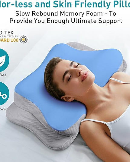 Mokaloo Cervical Neck Pillow - Cooling Neck Pillows for Pain Relief, Ergonomic Pillow for Sleeping, Orthopedic Contour Memory Foam Pillows for Side, Back & Stomach Sleepers with Pillowcase - LeafyLoom