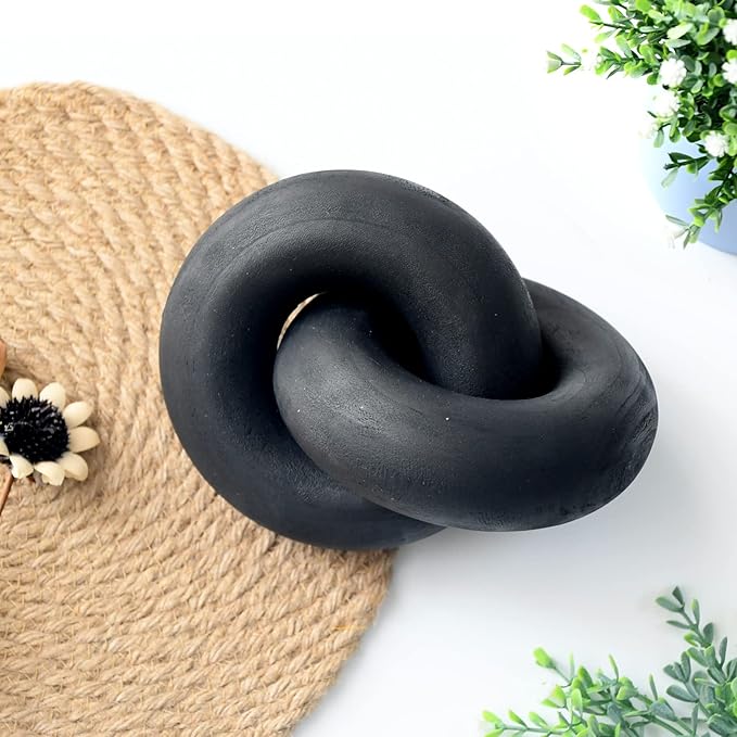 Wooden Knot for Coffee Table Decor Shelf Decor Boho Home Decor Statues, Modern Farmhouse Bookshelf Decorative Objects Wood Chain Link for Living Room- Black - LeafyLoom