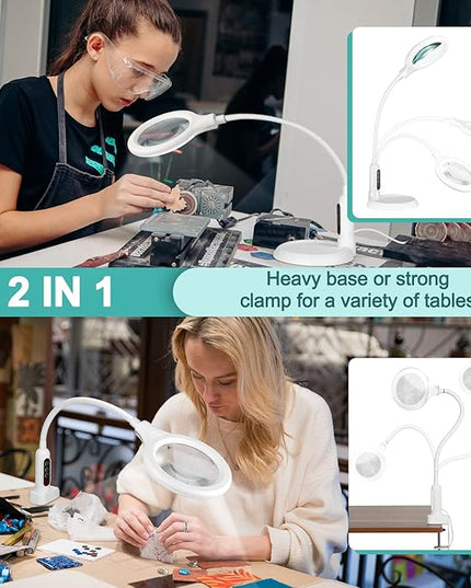 8X Magnifying Glass with Light and Clamp, 5 Color Modes Stepless Dimmable Lighted Magnifier with Stand, Flexible Gooseneck LED Desk Lamp Hands Free for Craft Painting Hobby Close Work - White - LeafyLoom