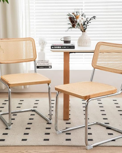 Dining Chairs Set of 2, Velvet Rattan Side Accent Chairs with Chrome Legs, Modern Mid Century Breuer Designed Chairs, Upholstered Dining Living Room Kitchen Chairs (Burlywood-2pcs) - LeafyLoom
