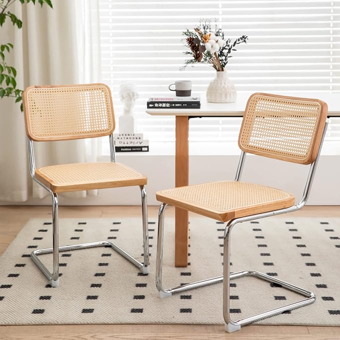 Dining Chairs Set of 2, Velvet Rattan Side Accent Chairs with Chrome Legs, Modern Mid Century Breuer Designed Chairs, Upholstered Dining Living Room Kitchen Chairs (Burlywood-2pcs) - LeafyLoom