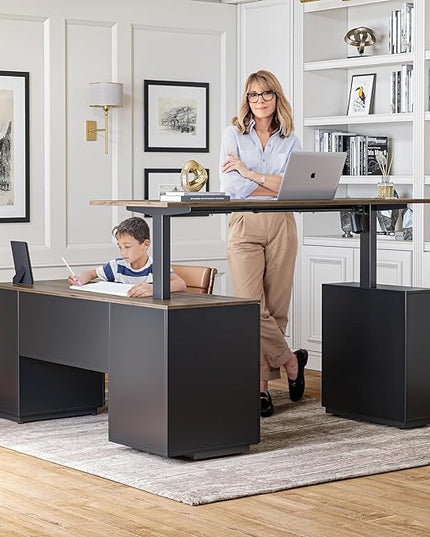 FEZIBO 63" L Shaped Executive Standing Desk with File Cabinet, Electric Height Adjustable, Black Walnut - LeafyLoom