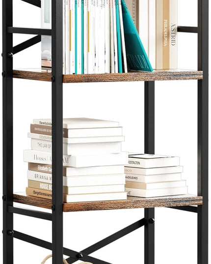 4 Tier Book Shelf, Small Bookshelf Storage Organizer, Tall Narrow Bookcase with Storage Shelves, Wooden Industrial Office Shelves for Bedroom, Living Room, Rustic Brown - LeafyLoom