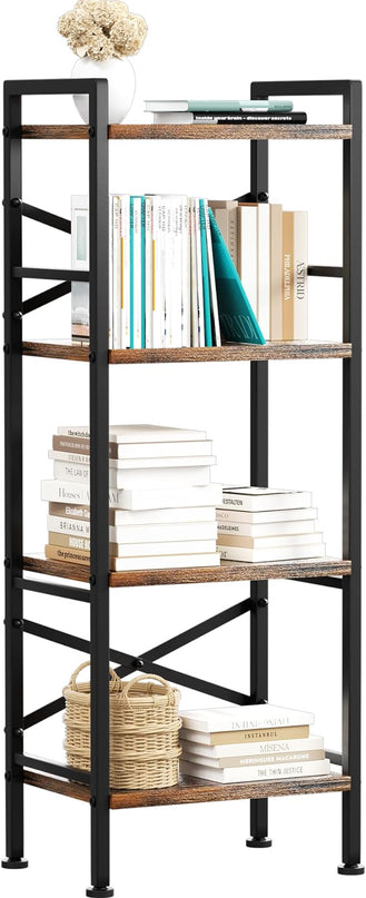 4 Tier Book Shelf, Small Bookshelf Storage Organizer, Tall Narrow Bookcase with Storage Shelves, Wooden Industrial Office Shelves for Bedroom, Living Room, Rustic Brown - LeafyLoom
