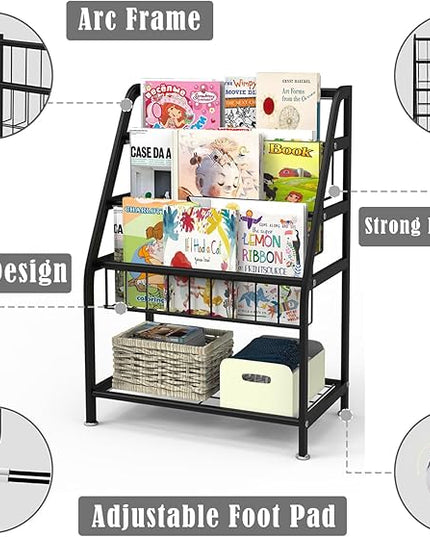 Kids Bookshelf Freestanding for Children Room 18 Inches Black Metal Bookcase Large Capacity Books Toys Organizer Stable 5 Tiers Kids Book Rack for Playroom Bookstore Library. - LeafyLoom