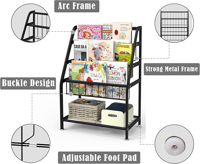 Kids Bookshelf Freestanding for Children Room 18 Inches Black Metal Bookcase Large Capacity Books Toys Organizer Stable 5 Tiers Kids Book Rack for Playroom Bookstore Library. - LeafyLoom