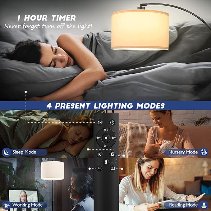 Arc Floor Lamps for Living Room,Modern Standing Lamp with Remote Control,Tall Lamp with Stepless Dimmable,5 Color temperatures,Over Couch Arched Reading Light for Bedroom,Office(Bulb Included) - LeafyLoom