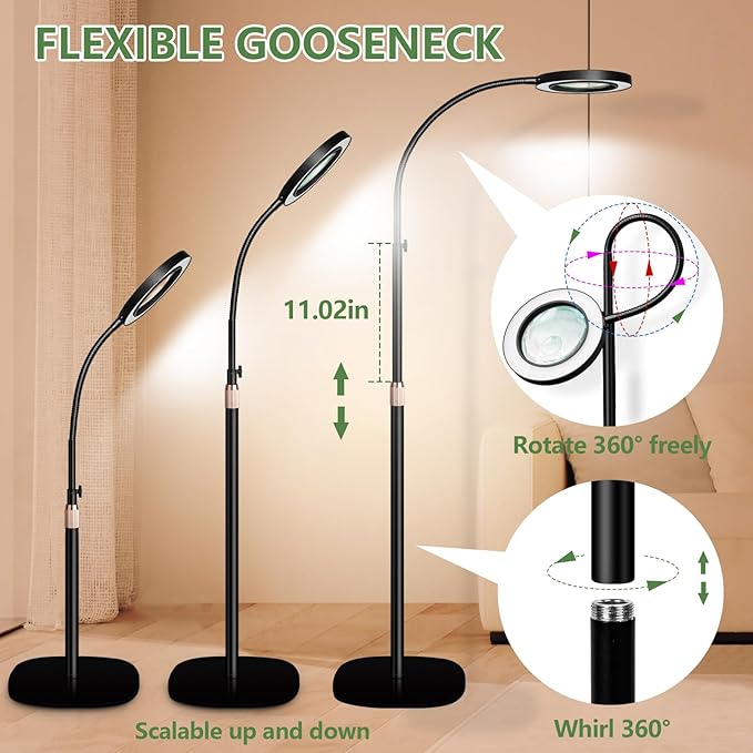 HITTI 10X&15X Floor Magnifying Glass with Light, Flexible Gooseneck Magnifying Floor Lamp, 3 Color Modes Stepless Dimmable LED Lighted Magnifier Stand for Close Work Jewellery Esthetican-Black - LeafyLoom