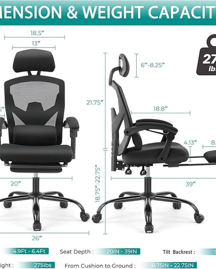 MCQ Office Computer Desk Chair, Gaming Chairs for Adults, High-Back Mesh Rolling Swivel Reclining Chairs with Wheels, Comfortable Lumbar Support, Comfy Arms for Home, Office, Gaming, Student, Black - LeafyLoom