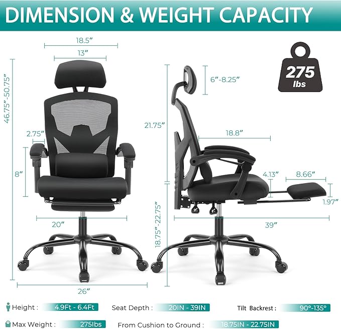 MCQ Office Computer Desk Chair, Gaming Chairs for Adults, High-Back Mesh Rolling Swivel Reclining Chairs with Wheels, Comfortable Lumbar Support, Comfy Arms for Home, Office, Gaming, Student, Black - LeafyLoom