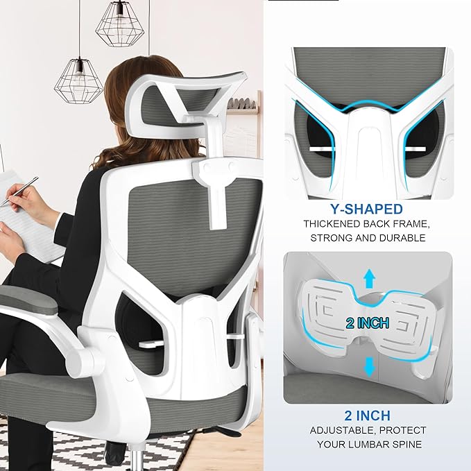 𝑯𝑶𝑴𝑬 𝑶𝑭𝑭𝑰𝑪𝑬 𝑪𝑯𝑨𝑰𝑹, Ergonomic Mesh Desk Chair, High Back Computer Chair- Adjustable Headrest with Flip-Up Arms, Lumbar Support, Swivel Executive Task Chair (Modern, Star Dust) - LeafyLoom