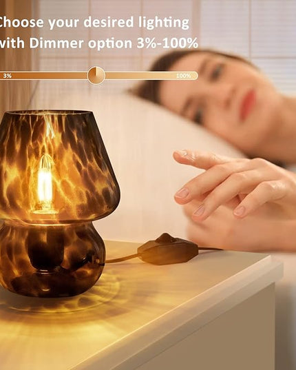 Mushroom Lamp Small Vintage Table Lamp for Bedroom Set of 2, Nightstand Bedside Lamp Translucent Glass Dimmable, Murano Aesthetic Home Decor for Living Room Kitchen Dorm Gift(Black) - LeafyLoom