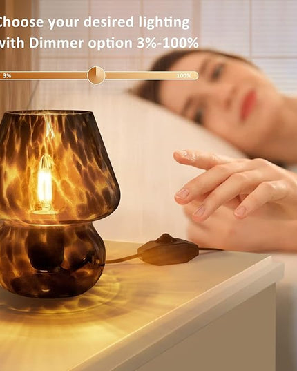 Mushroom Lamp Small Vintage Table Lamp for Bedroom Nightstand, Bedside Lamp Translucent Glass Stepless Dimmable, Murano Aesthetic Home Decor for Living Room Kitchen Mother's Day Gift(Black) - LeafyLoom