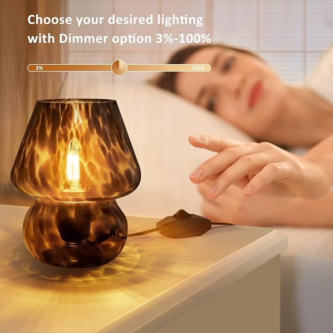 Mushroom Lamp Small Vintage Table Lamp for Bedroom Nightstand, Bedside Lamp Translucent Glass Stepless Dimmable, Murano Aesthetic Home Decor for Living Room Kitchen Mother's Day Gift(Black) - LeafyLoom