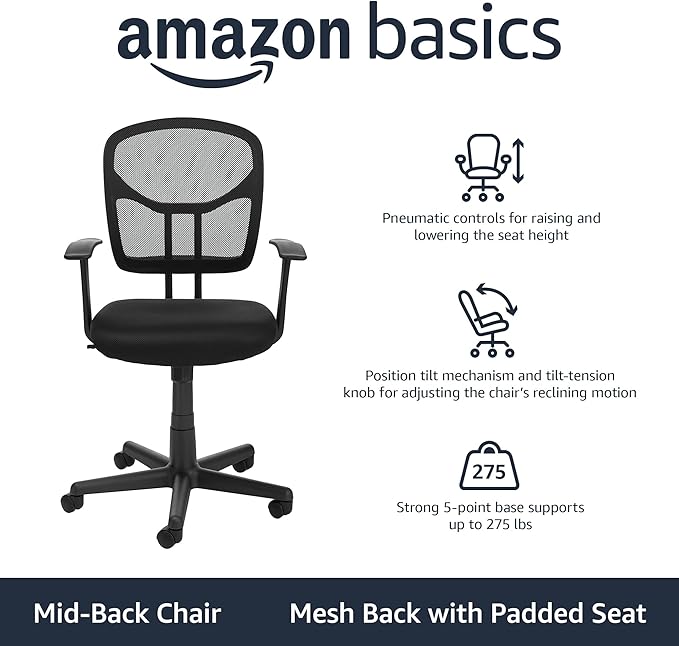 Amazon Basics Mesh Mid-Back Adjustable-Height 360-Degree Swivel Office Desk Chair with Armrests and Lumbar Support, Black - LeafyLoom