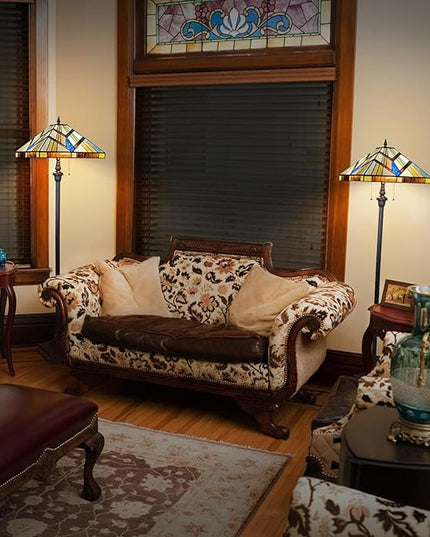Capulina Tiffany Style Floor Lamp 2-Light 16x16x63 Inch Cream Amber Antique Mission Style Stained Glass Standing Light for Living Room Bedroom Home Office - LeafyLoom