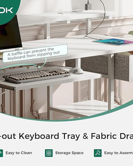 AODK Computer Desk with Keyboard Tray, 55 Inch Office Desk with Power Outlet, Work Desk with Drawer, Reversible Desk with Adjustable Monitor Shelf and Storage Shelf for Home, White - LeafyLoom