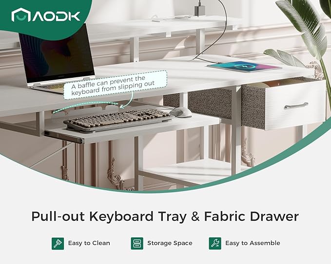 AODK Computer Desk with Keyboard Tray, 55 Inch Office Desk with Power Outlet, Work Desk with Drawer, Reversible Desk with Adjustable Monitor Shelf and Storage Shelf for Home, White - LeafyLoom