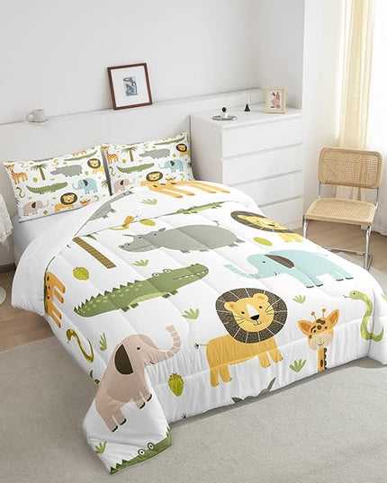 Feelyou Wild Animals Comforter Set Safari Animals Print Comforter for Boys Girls Teens Cute Hippo Crocodile Lion Bedding Set Kids Cartoon Elephant Giraffe Duvet Set Room Decor Quilt Set Twin Size - LeafyLoom