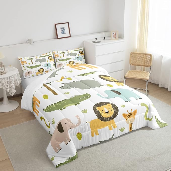 Feelyou Wild Animals Comforter Set Safari Animals Print Comforter for Boys Girls Teens Cute Hippo Crocodile Lion Bedding Set Kids Cartoon Elephant Giraffe Duvet Set Room Decor Quilt Set Twin Size - LeafyLoom