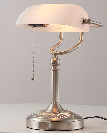 Newrays White Matted Glass Bankers Desk Lamp with Pull Chain Switch Plug in Fixture,Sand Nickel Base - LeafyLoom