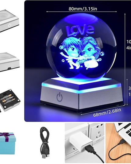 3D Crystal Ball Lovers Model, with Led Lamp Stand, 3.15'' Sweet Couple Glass Ball Decor, Engraved Crystal Sphere with Gift Box, 6 Color Light, Romantic Gifts for Kids Friends Birthday - LeafyLoom