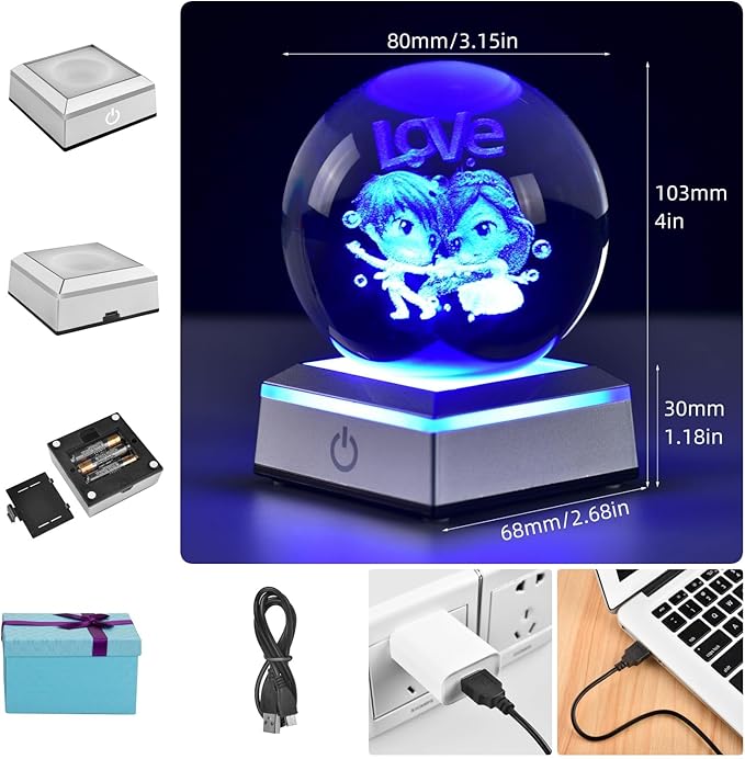 3D Crystal Ball Lovers Model, with Led Lamp Stand, 3.15'' Sweet Couple Glass Ball Decor, Engraved Crystal Sphere with Gift Box, 6 Color Light, Romantic Gifts for Kids Friends Birthday - LeafyLoom