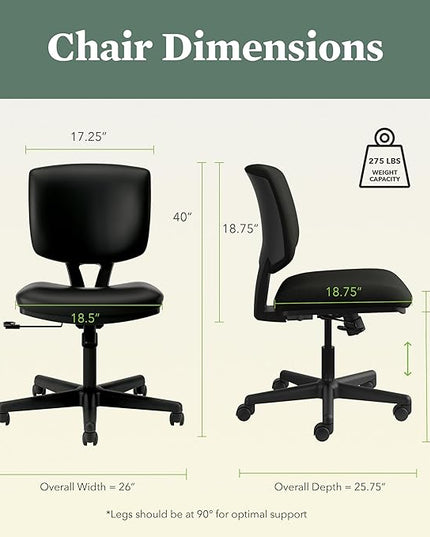 HON Volt Armless Chair Home Desk Wheels. Recline and Tilt, Ergonomic Office, Black - LeafyLoom
