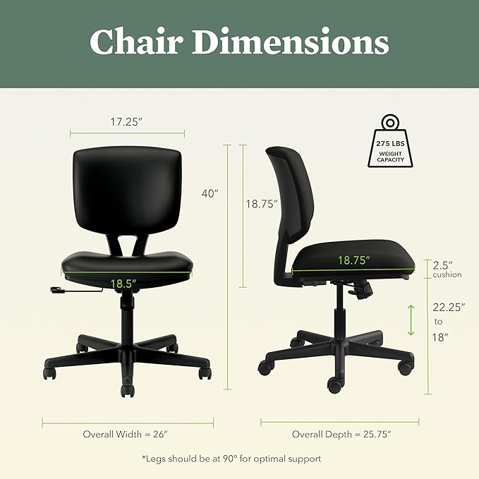HON Volt Armless Chair Home Desk Wheels. Recline and Tilt, Ergonomic Office, Black - LeafyLoom