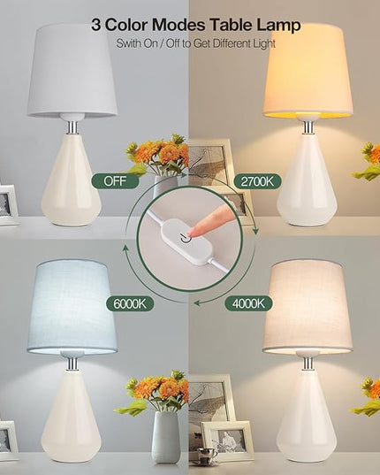 AIDENOEY Small Bedside Table Lamp for Bedroom - Desk Reading Lamps with 3 Way DimmableTouch Control,Nightstand Ceramic Lamp with Fabric Shade for Kids Room,Living Room,Dorm,Home Office (White) - LeafyLoom