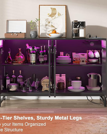 Aheaplus Sideboard Buffet Cabinet with Power Outlet, Kitchen Storage Cabinet with LED Light & Doors, Accent Cabinet Cupboard Buffet Table with Storage for Dining Room, Living Room, Hallway, Black - LeafyLoom