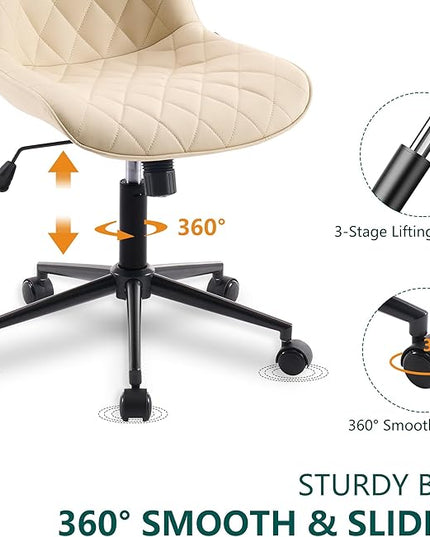 YOUNUOKE Comfortable Desk Chair, Home Office Chairs with Wheels, Armless Samll Comfy Vanity Chairs, PU Leather Computer Task Work Desk Chairs, Beige - LeafyLoom