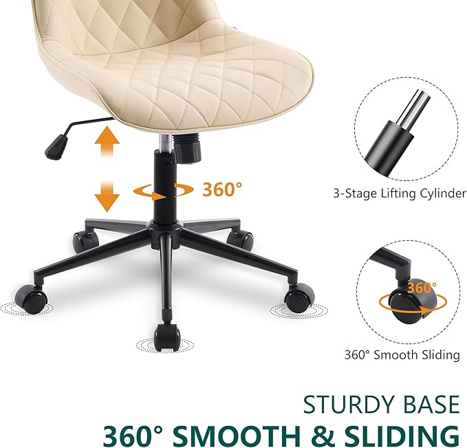 YOUNUOKE Comfortable Desk Chair, Home Office Chairs with Wheels, Armless Samll Comfy Vanity Chairs, PU Leather Computer Task Work Desk Chairs, Beige - LeafyLoom