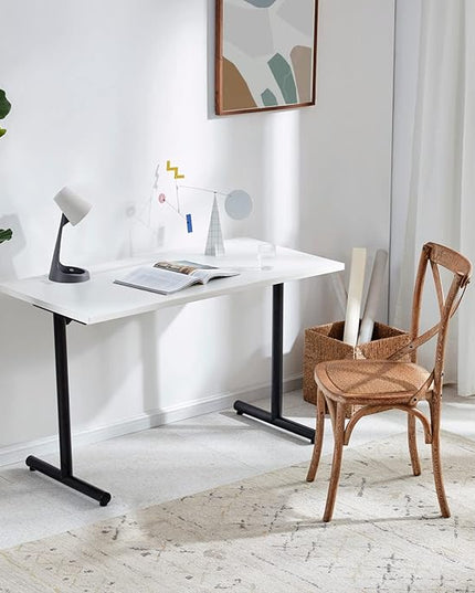 Sunon Home Office 47" Computer Desk Wood Writing Table with Cable Managemant, Black Metal Frame, White - LeafyLoom