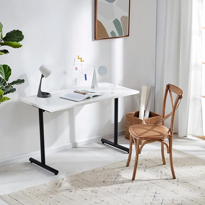 Sunon Home Office 47" Computer Desk Wood Writing Table with Cable Managemant, Black Metal Frame, White - LeafyLoom