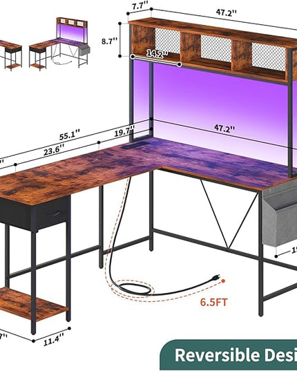 Yoobure L Shaped Desk with LED Strip & Power Outlet, Reversible L-Shaped Computer Desk, Corner Desks Home Office Desk with Drawer, Gaming Desk - LeafyLoom