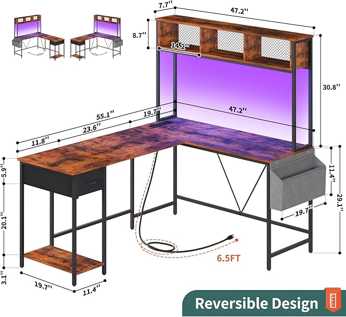 Yoobure L Shaped Desk with LED Strip & Power Outlet, Reversible L-Shaped Computer Desk, Corner Desks Home Office Desk with Drawer, Gaming Desk - LeafyLoom