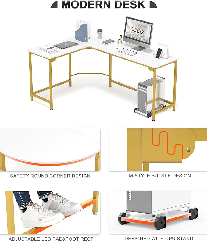 Teraves Modern L-Shaped Desk 66'' Corner Computer Desk Home Office Study Workstation Wood & Steel PC Laptop Gaming Table - LeafyLoom