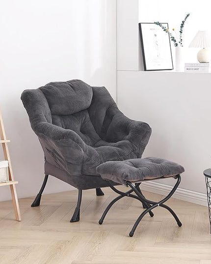 LITA Lazy Chair with Ottoman, Modern Accent Leisure Upholstered Sofa Chair, Lounge Reading Chair with Armrests and a Side Pocket for Living Room, Bedroom & Small Space, Plush Navy - LeafyLoom